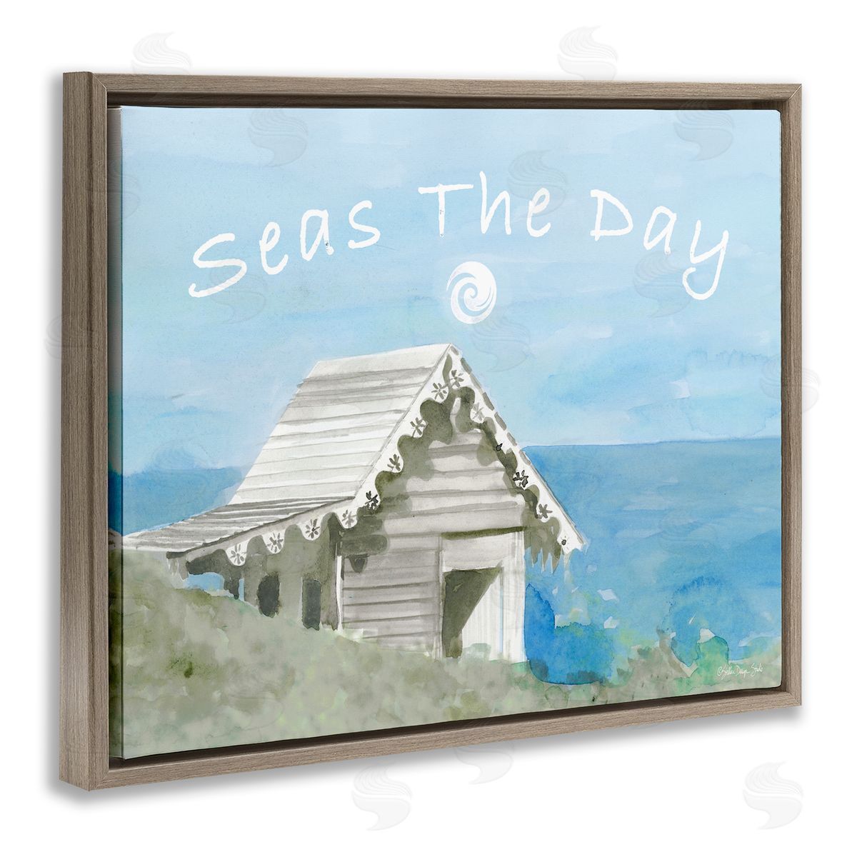Seas the Day Beach Cottage Brown Floating Frame Canvas Wall Art, Home Decor by Stellar Studio
