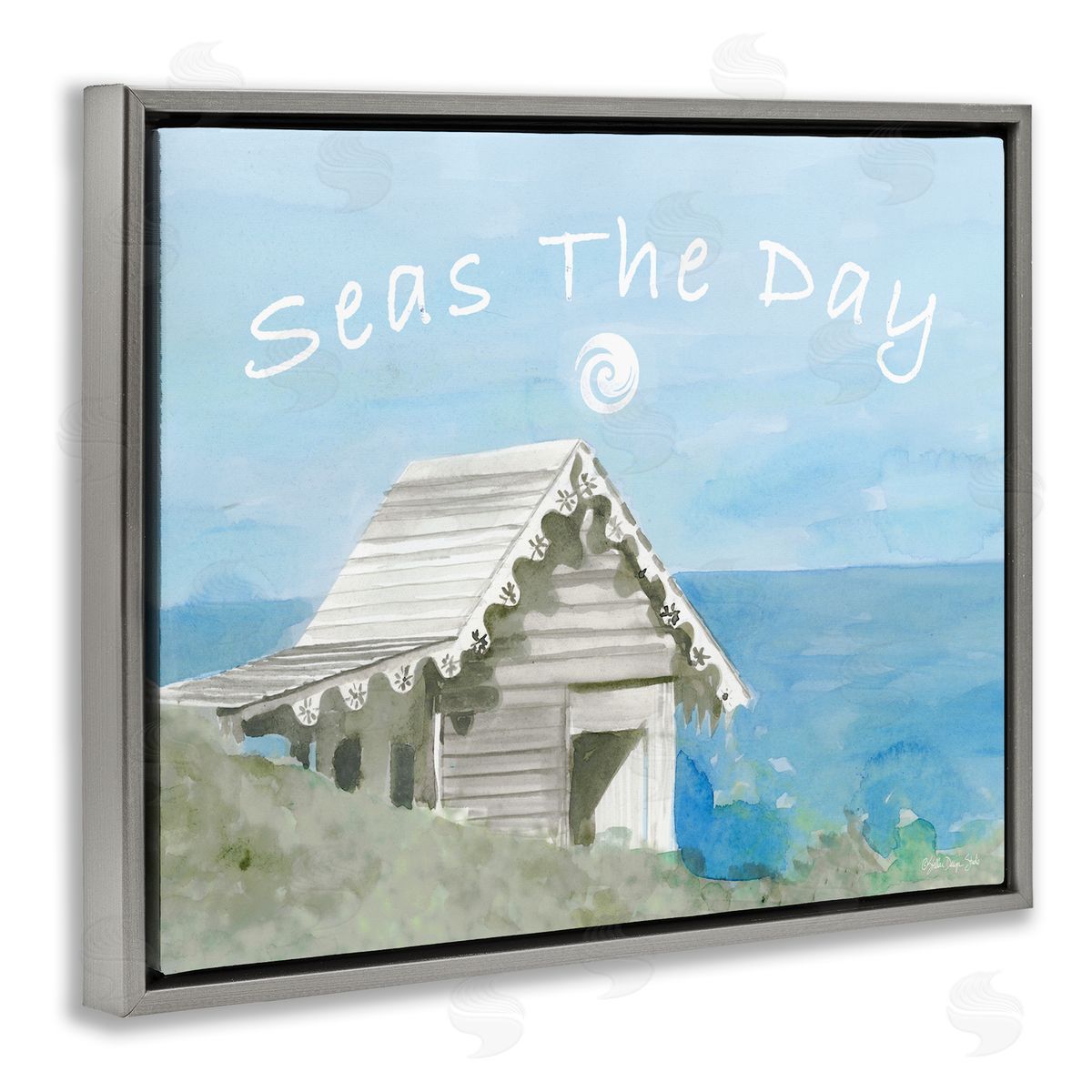 Seas the Day Beach Cottage Grey Floating Frame Canvas Wall Art, Home Decor by Stellar Studio