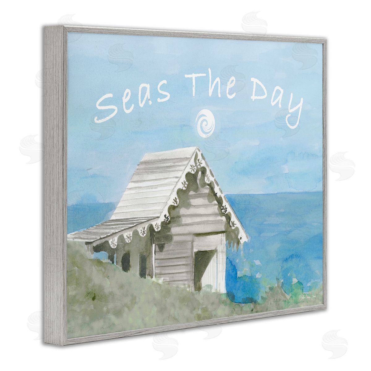 Seas the Day Beach Cottage Grey Frame Print Wall Art, Home Decor by Stellar Studio