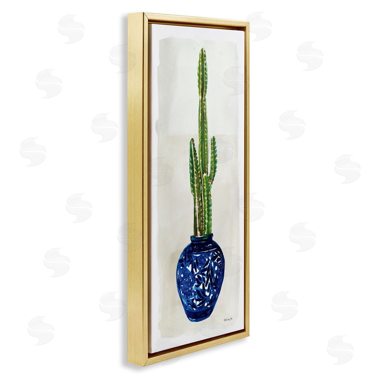 Cacti in Blue Pot Gold Floating Frame Canvas Wall Art, Home Decor by Stellar Studio