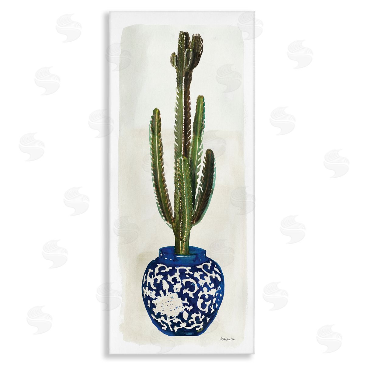 Cacti in Ornate Blue Pot Canvas Wall Art, Home Decor by Stellar Studio