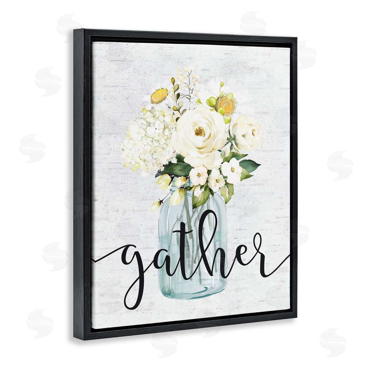 Gather Text White Spring Bouquet Black Floating Frame Canvas Wall Art, Home Decor by Lettered and Lined