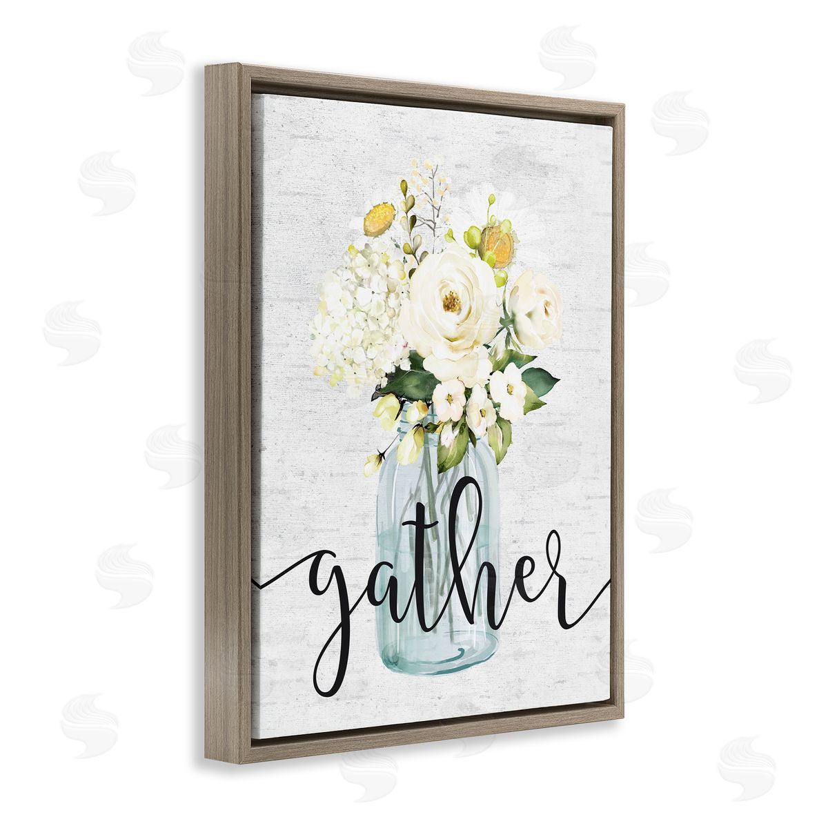 Gather Text White Spring Bouquet Brown Floating Frame Canvas Wall Art, Home Decor by Lettered and Lined