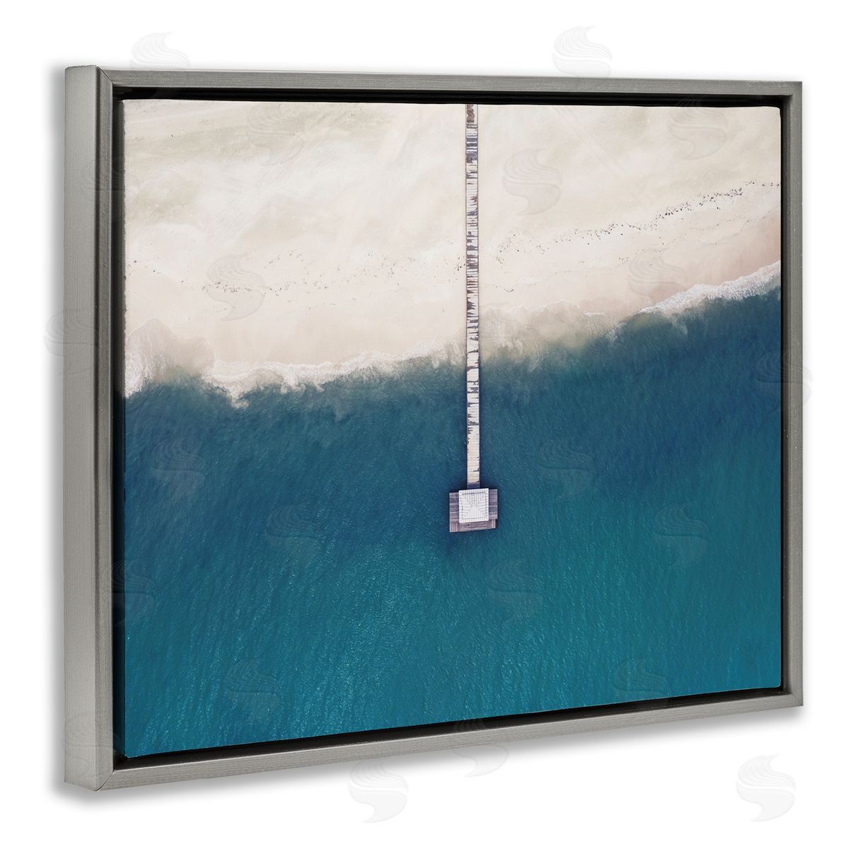 Aerial Beach Warf Landscape Grey Floating Frame Canvas Wall Art, Home Decor by Seven Trees