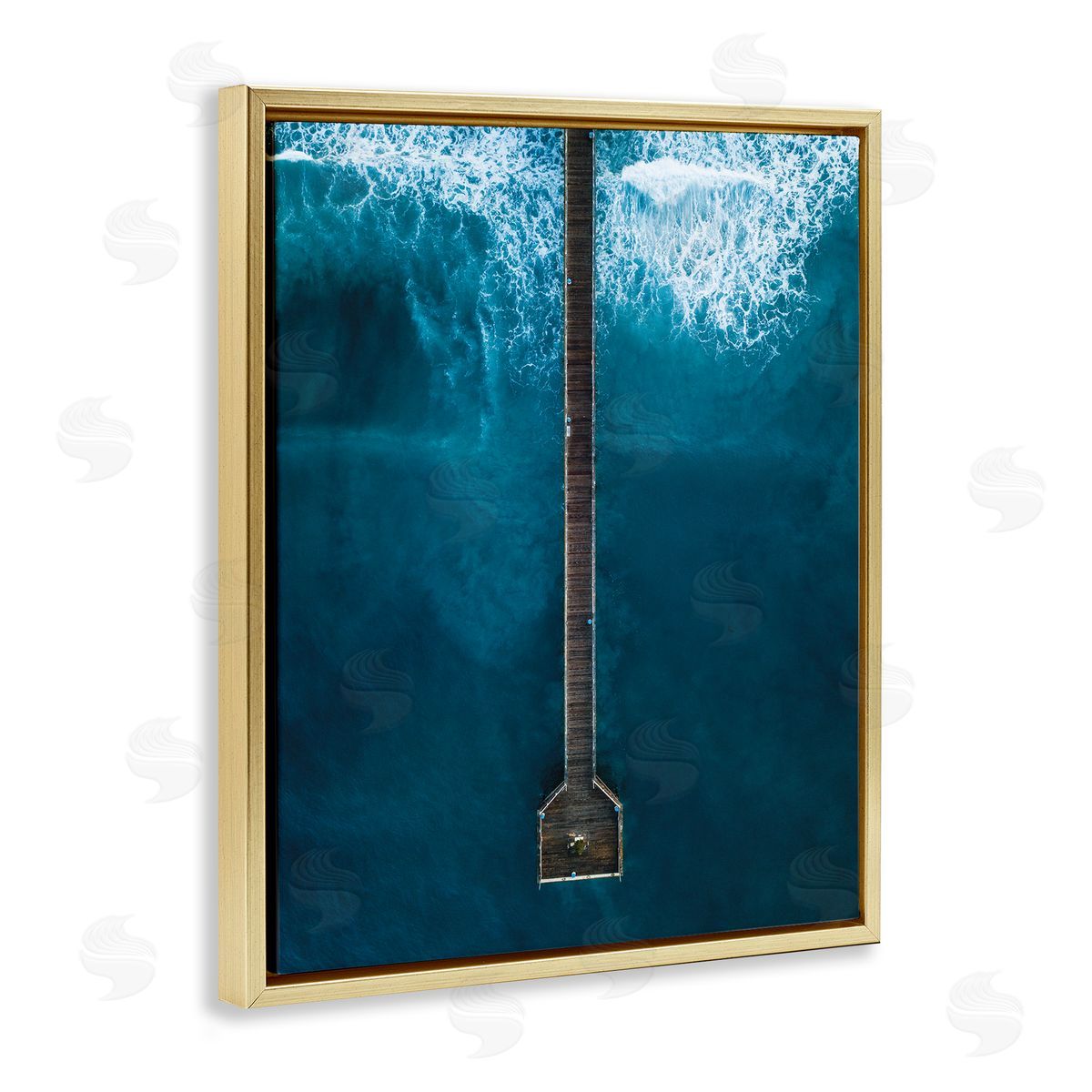 Aerial Long Wharf Beach Gold Floating Frame Canvas Wall Art, Home Decor by Seven Trees
