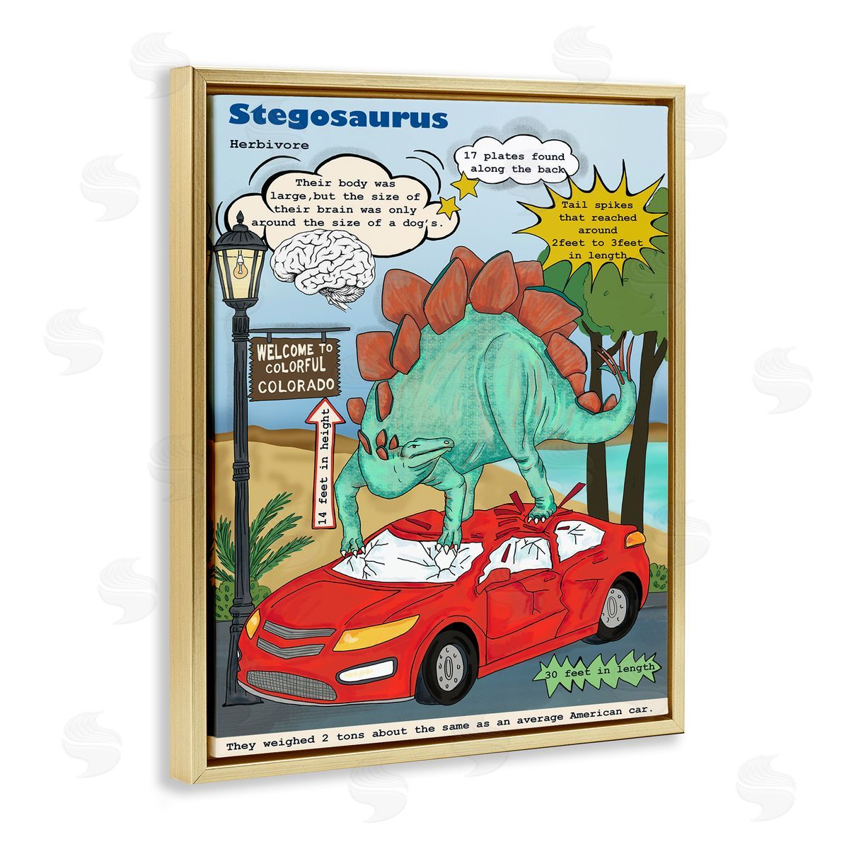 Dinosaur Facts Stegosaurus Magazine Gold Floating Frame Canvas Wall Art, Home Decor by Sangita Bachelet