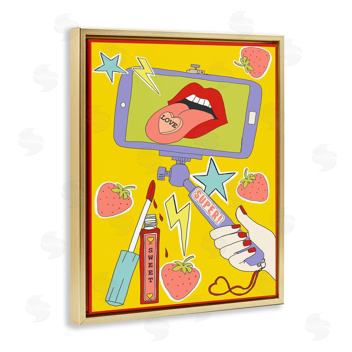 Super Sweet Retro Selfie Gold Floating Frame Canvas Wall Art, Home Decor by Sangita Bachelet