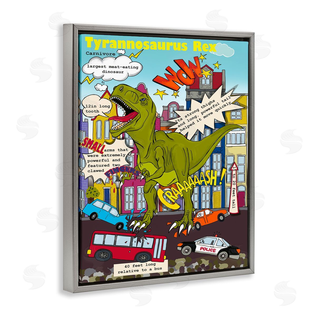 Dinosaur Facts T-Rex Magazine Grey Floating Frame Canvas Wall Art, Home Decor by Sangita Bachelet