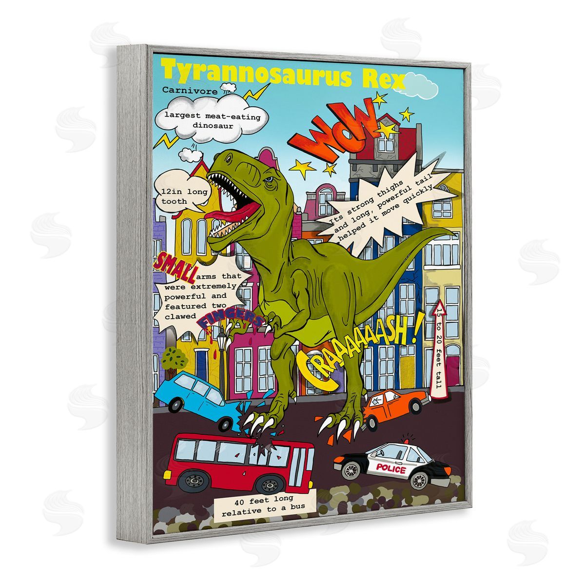 Dinosaur Facts T-Rex Magazine Grey Frame Print Wall Art, Home Decor by Sangita Bachelet