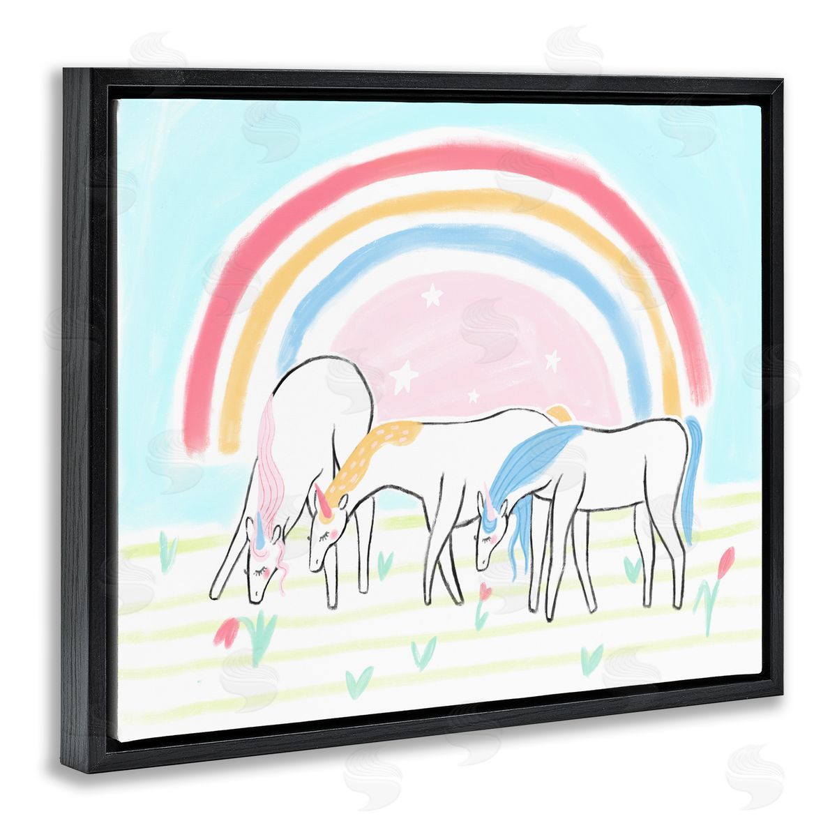 Unicorn Trio under Rainbow Black Floating Frame Canvas Wall Art, Home Decor by Stupell Studio