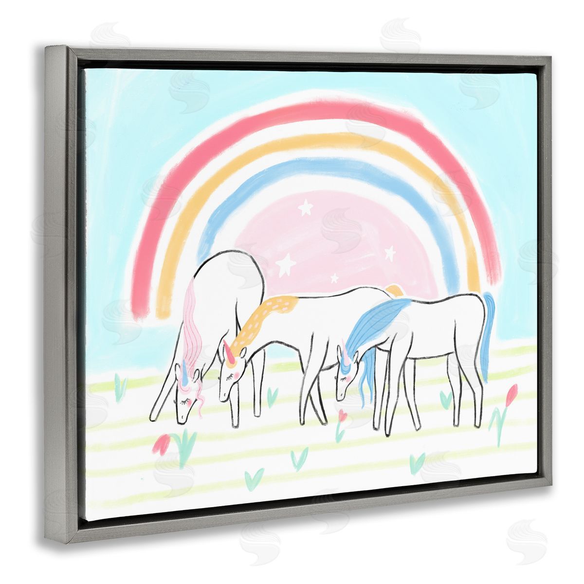 Unicorn Trio under Rainbow Grey Floating Frame Canvas Wall Art, Home Decor by Stupell Studio