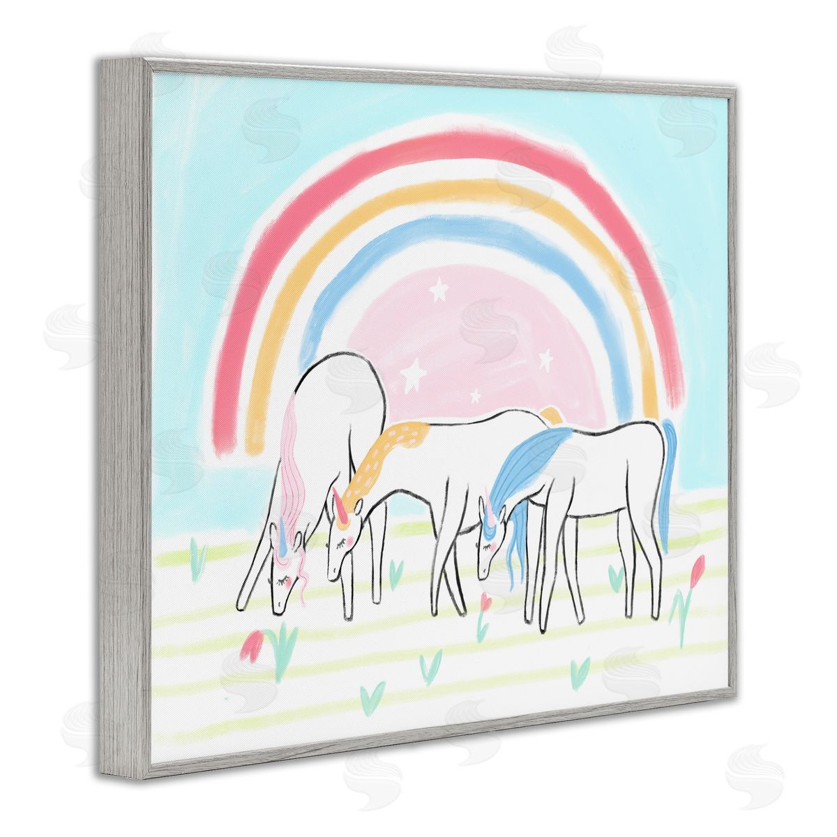Unicorn Trio under Rainbow Grey Frame Print Wall Art, Home Decor by Stupell Studio