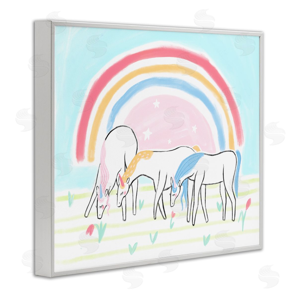 Unicorn Trio under Rainbow White Frame Print Wall Art, Home Decor by Stupell Studio