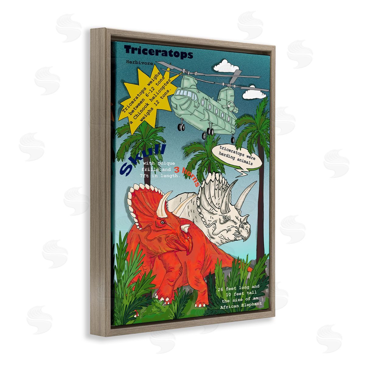 Dinosaur Facts Triceratops Magazine Brown Floating Frame Canvas Wall Art, Home Decor by Sangita Bachelet