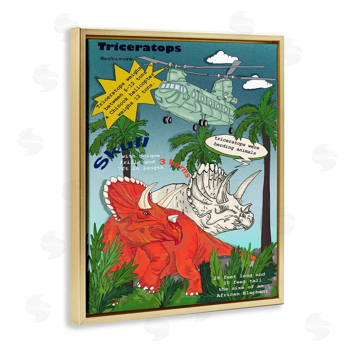 Dinosaur Facts Triceratops Magazine Gold Floating Frame Canvas Wall Art, Home Decor by Sangita Bachelet