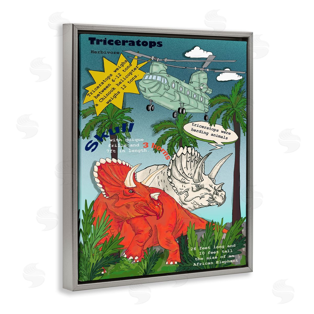 Dinosaur Facts Triceratops Magazine Grey Floating Frame Canvas Wall Art, Home Decor by Sangita Bachelet