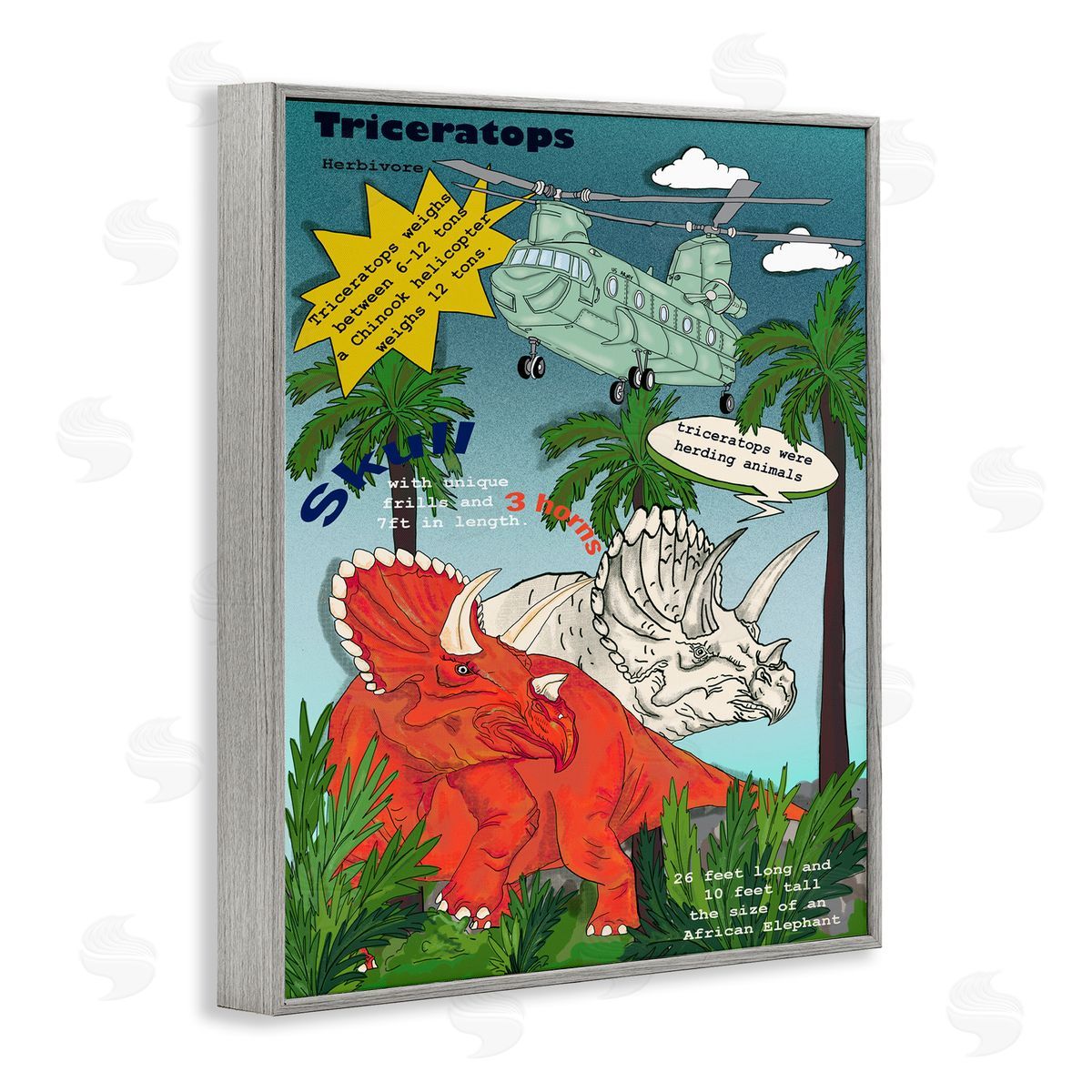 Dinosaur Facts Triceratops Magazine Grey Frame Print Wall Art, Home Decor by Sangita Bachelet