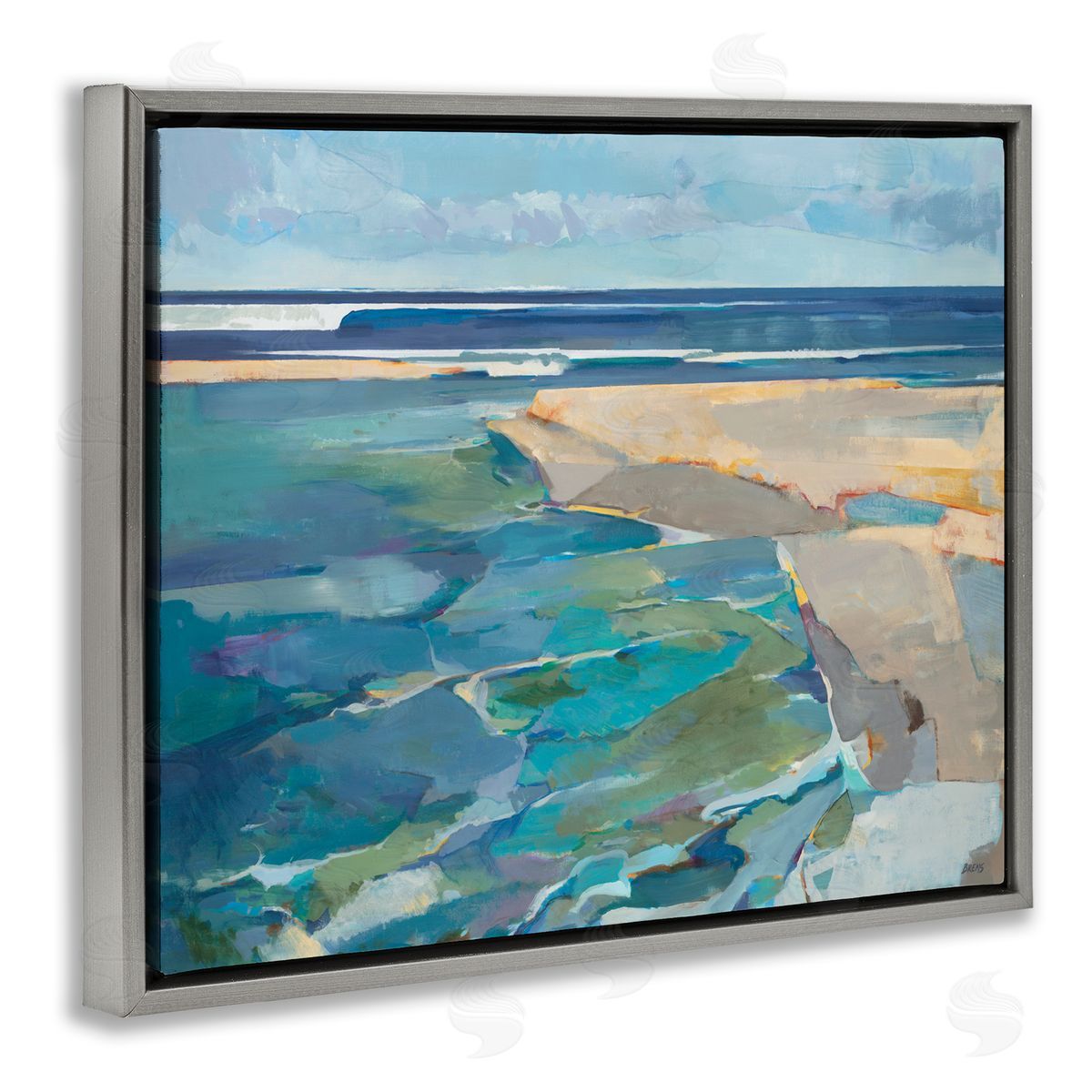 Abstract Beach Tide Landscape Grey Floating Frame Canvas Wall Art, Home Decor by Scott Brems