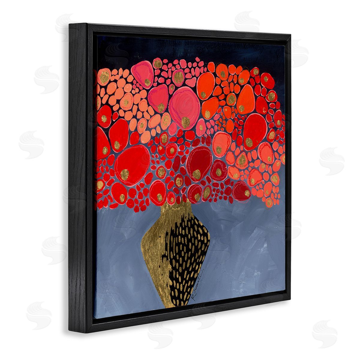 Abstract Red Florals in Vase Black Floating Frame Canvas Wall Art, Home Decor by Ruth Fromstein