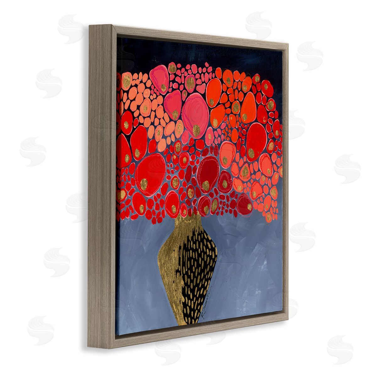 Abstract Red Florals in Vase Brown Floating Frame Canvas Wall Art, Home Decor by Ruth Fromstein