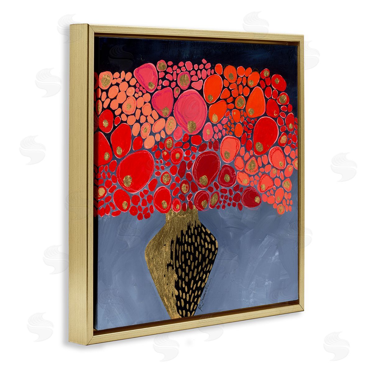 Abstract Red Florals in Vase Gold Floating Frame Canvas Wall Art, Home Decor by Ruth Fromstein