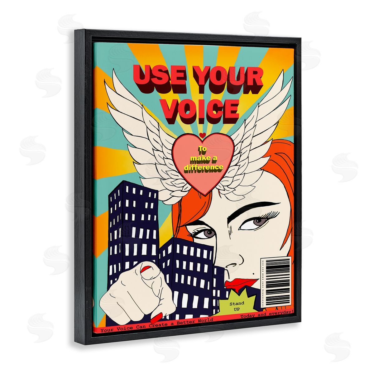 Use Your Voice Pop Art Black Floating Frame Canvas Wall Art, Home Decor by Sangita Bachelet