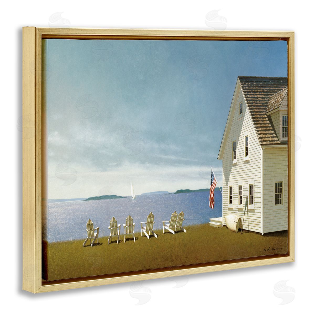 Cape House on Coastal Edge Gold Floating Frame Canvas Wall Art, Home Decor by Zhen-Huan Lu