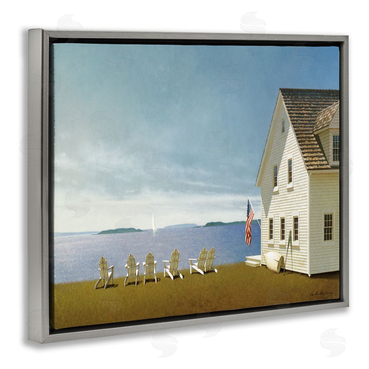 Cape House on Coastal Edge Grey Floating Frame Canvas Wall Art, Home Decor by Zhen-Huan Lu