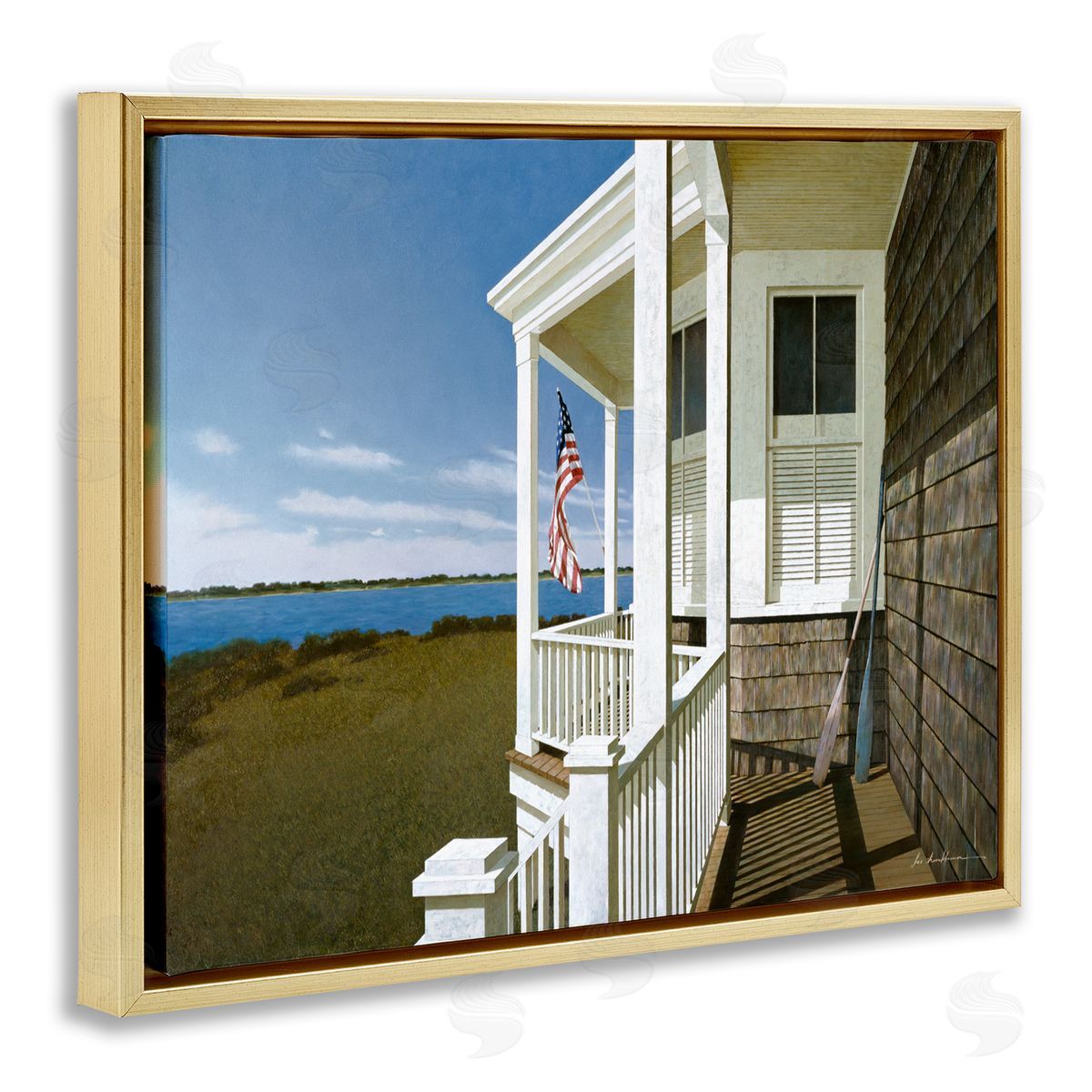 Cape House Porch with Flag Gold Floating Frame Canvas Wall Art, Home Decor by Zhen-Huan Lu