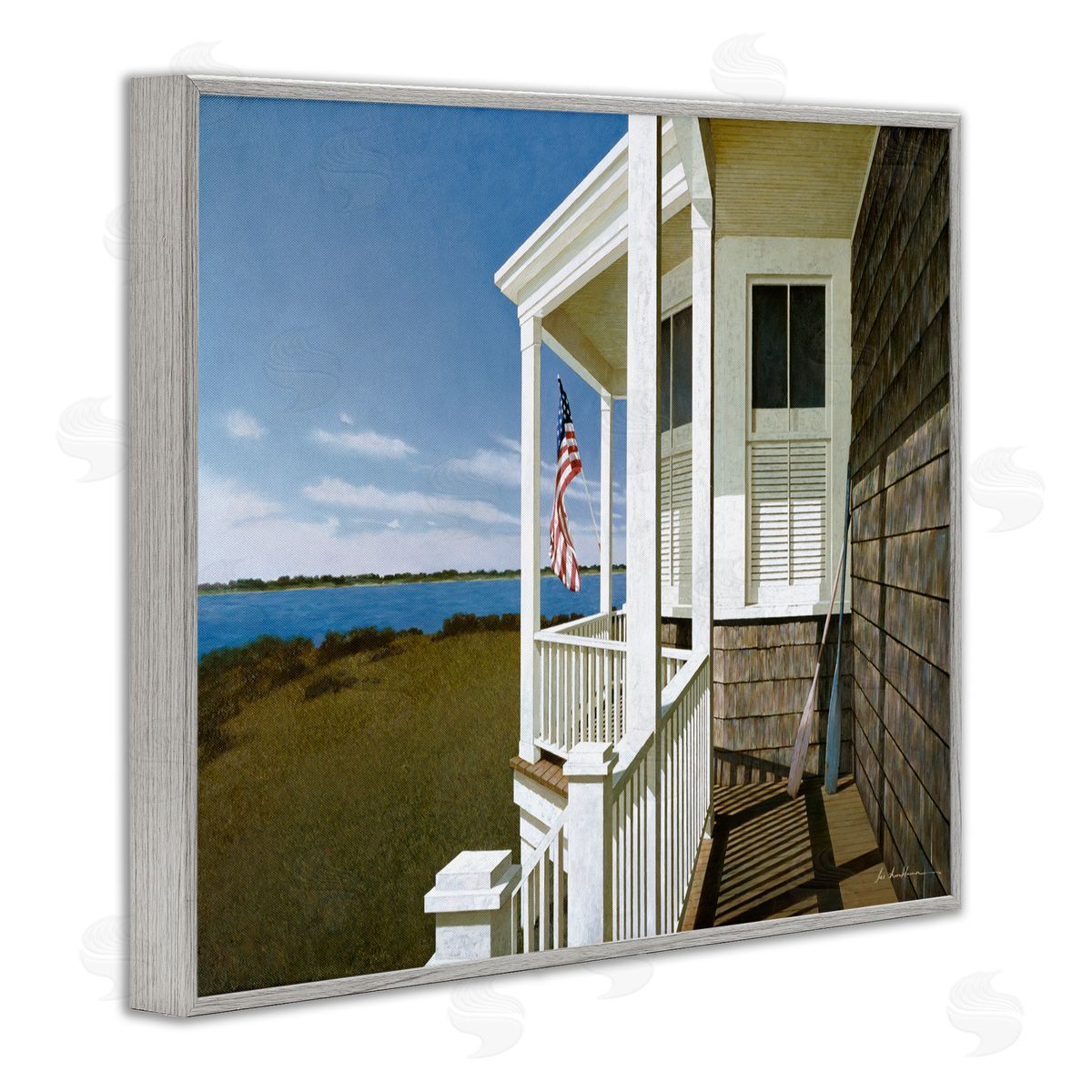 Cape House Porch with Flag Grey Frame Print Wall Art, Home Decor by Zhen-Huan Lu