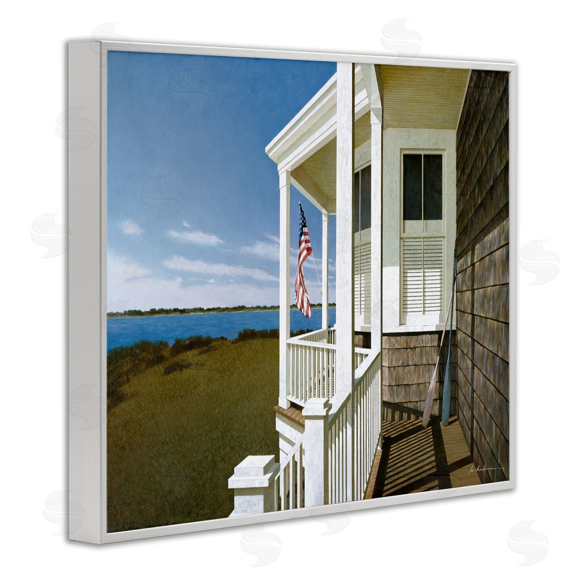 Cape House Porch with Flag White Frame Print Wall Art, Home Decor by Zhen-Huan Lu