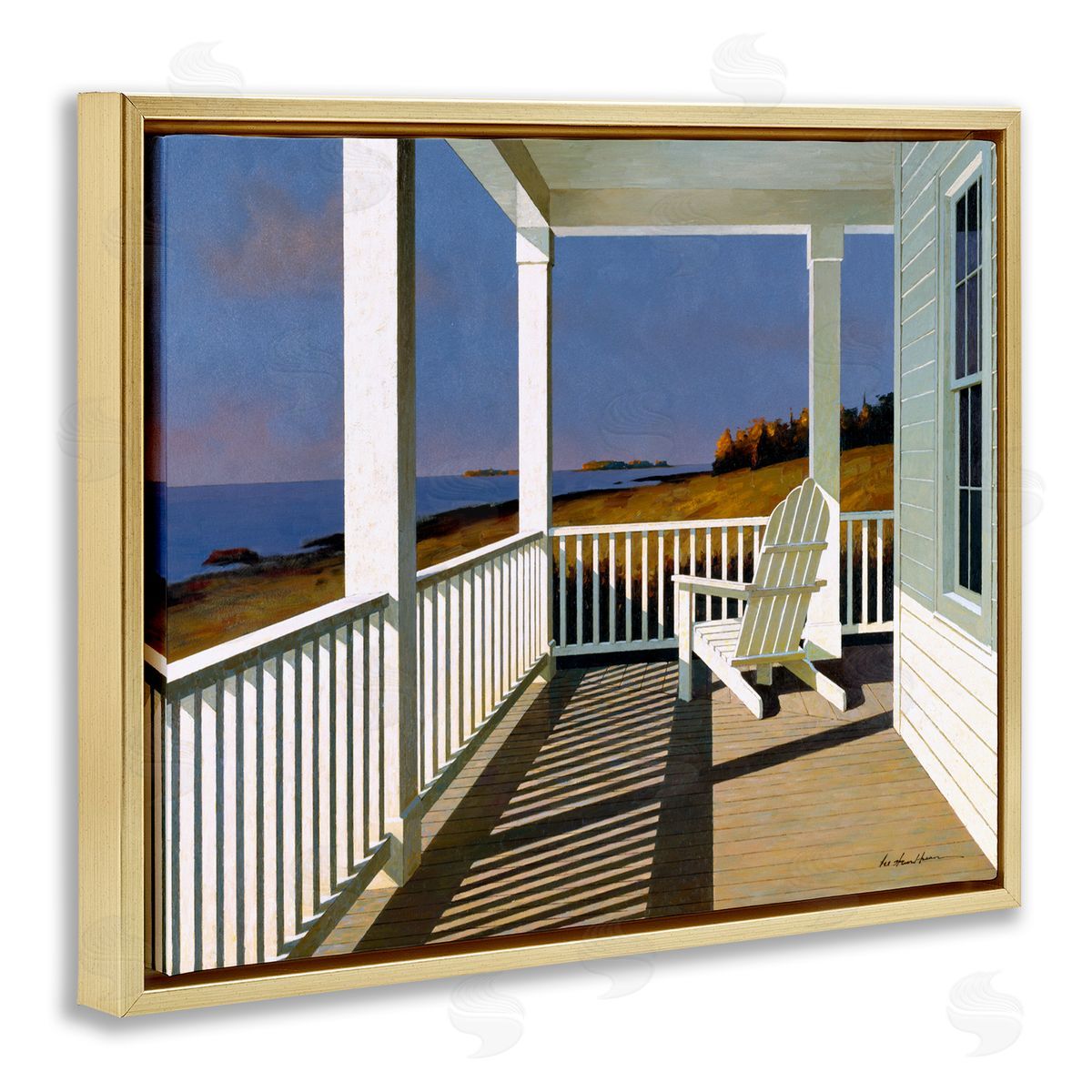 Cottage Porch with Beach Chair Gold Floating Frame Canvas Wall Art, Home Decor by Zhen-Huan Lu