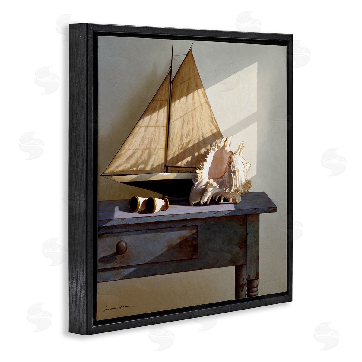 Sailboat Model and Conch Shell Black Floating Frame Canvas Wall Art, Home Decor by Zhen-Huan Lu