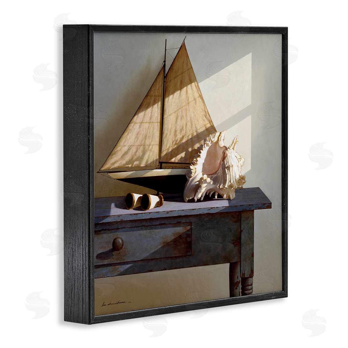 Sailboat Model and Conch Shell Black Frame Print Wall Art, Home Decor by Zhen-Huan Lu