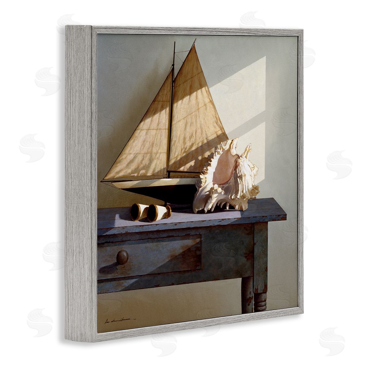 Sailboat Model and Conch Shell Grey Frame Print Wall Art, Home Decor by Zhen-Huan Lu