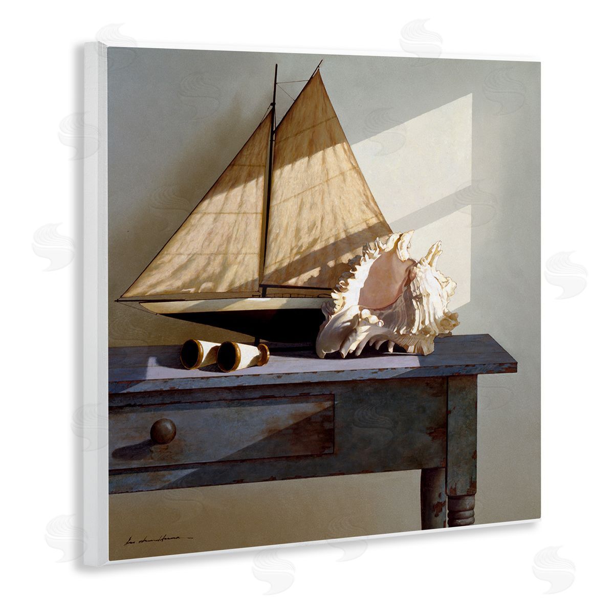 Sailboat Model and Conch Shell Wood Plaque Wall Art, Home Decor by Zhen-Huan Lu