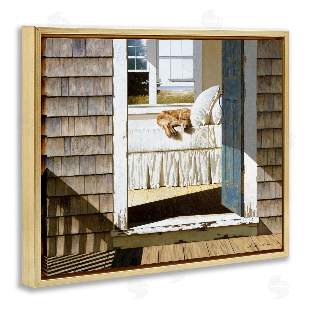 Dog Nap at Cape House Gold Floating Frame Canvas Wall Art, Home Decor by Zhen-Huan Lu