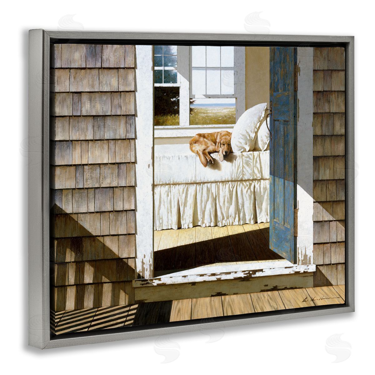 Dog Nap at Cape House Grey Floating Frame Canvas Wall Art, Home Decor by Zhen-Huan Lu