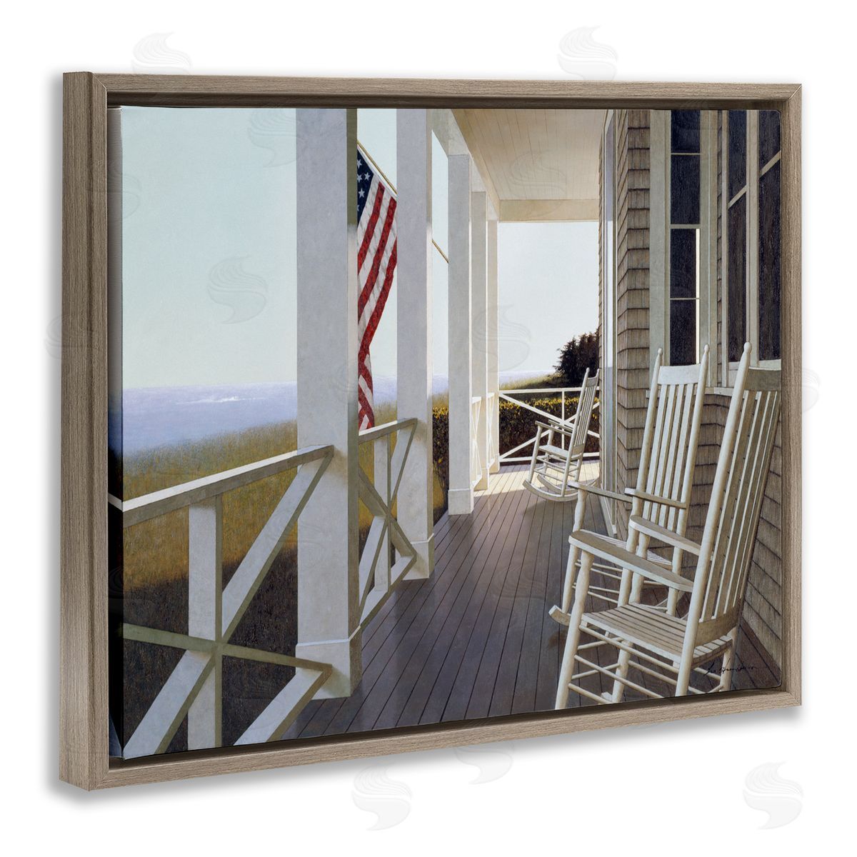 Rocking Chairs on Cape Porch Brown Floating Frame Canvas Wall Art, Home Decor by Zhen-Huan Lu