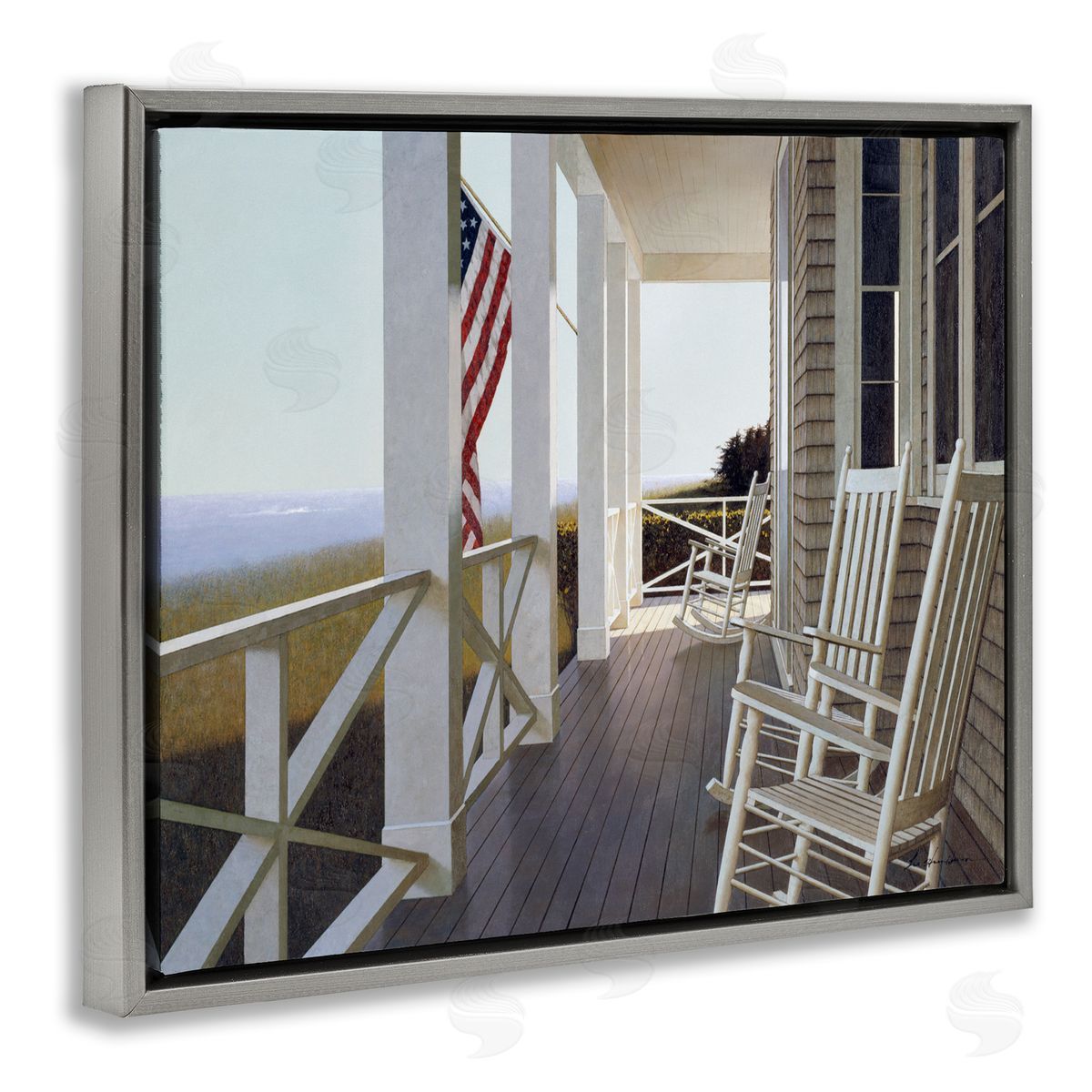 Rocking Chairs on Cape Porch Grey Floating Frame Canvas Wall Art, Home Decor by Zhen-Huan Lu