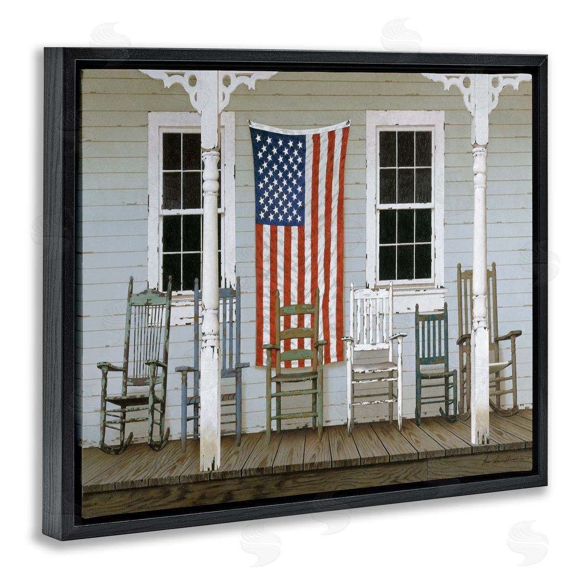 Rocking Chair on Americana Porch Black Floating Frame Canvas Wall Art, Home Decor by Zhen-Huan Lu
