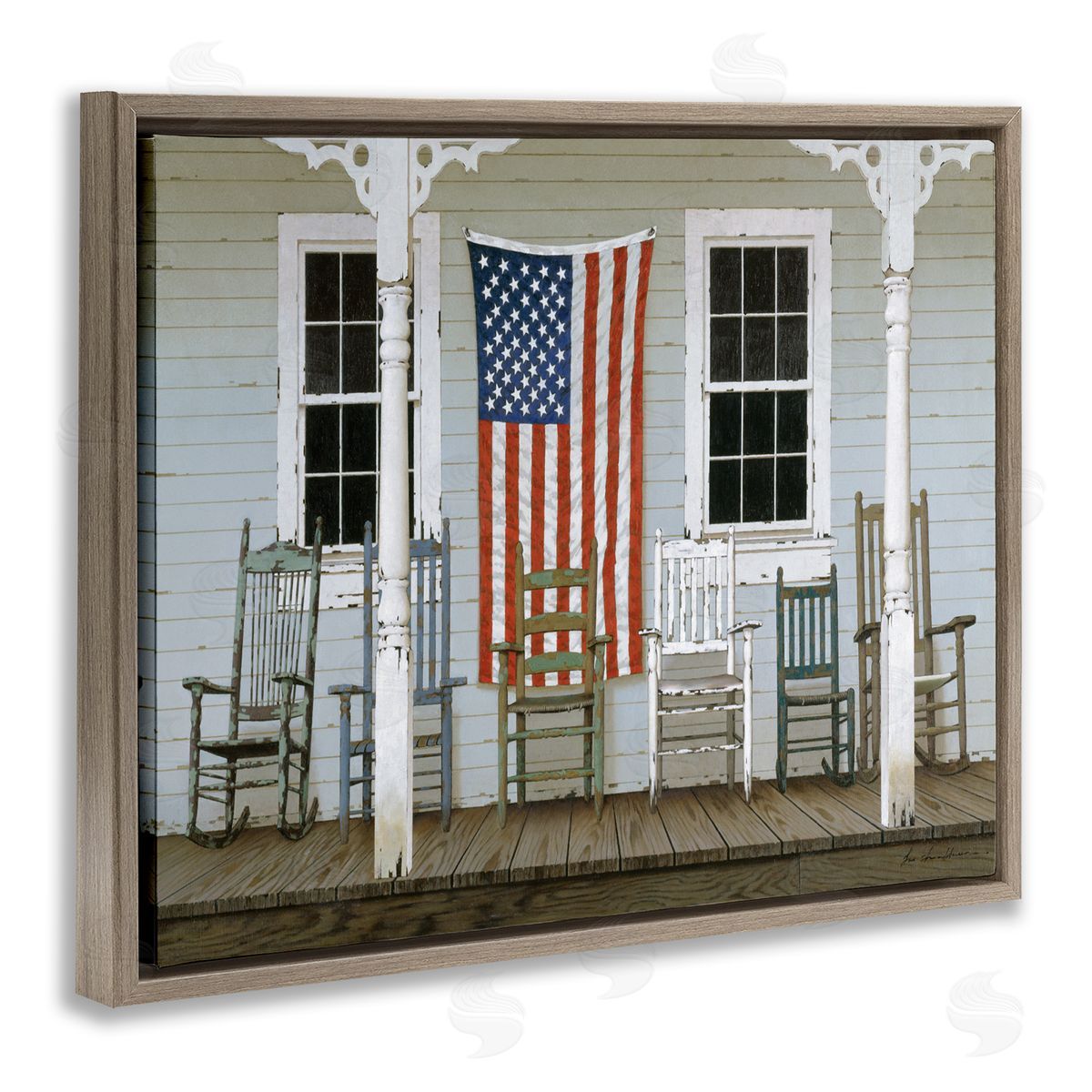 Rocking Chair on Americana Porch Brown Floating Frame Canvas Wall Art, Home Decor by Zhen-Huan Lu