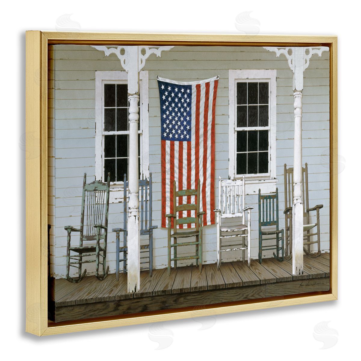 Rocking Chair on Americana Porch Gold Floating Frame Canvas Wall Art, Home Decor by Zhen-Huan Lu