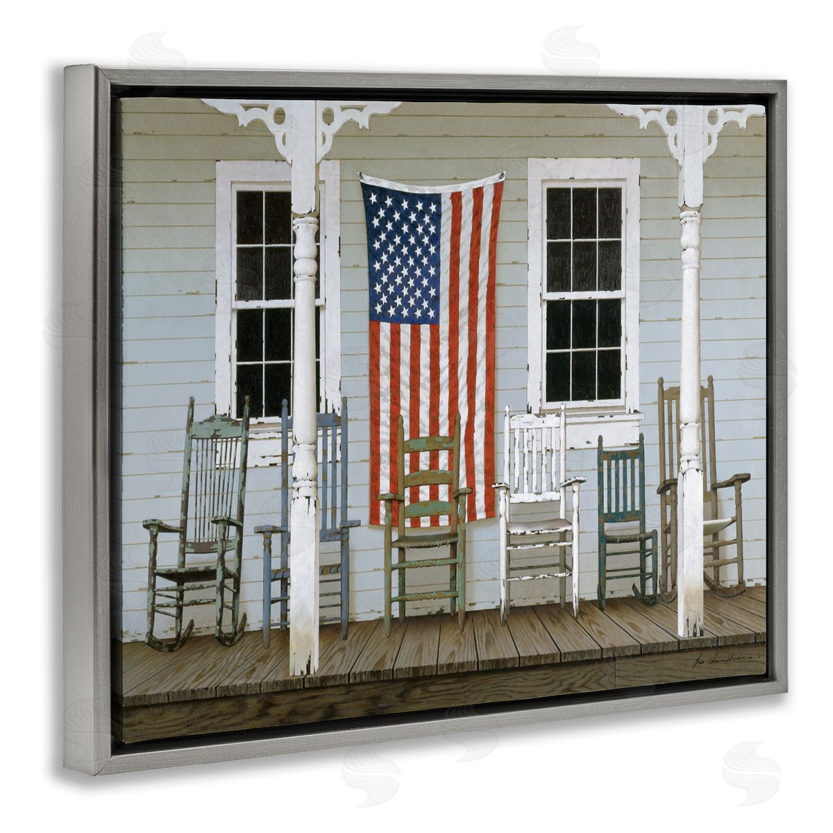 Rocking Chair on Americana Porch Grey Floating Frame Canvas Wall Art, Home Decor by Zhen-Huan Lu
