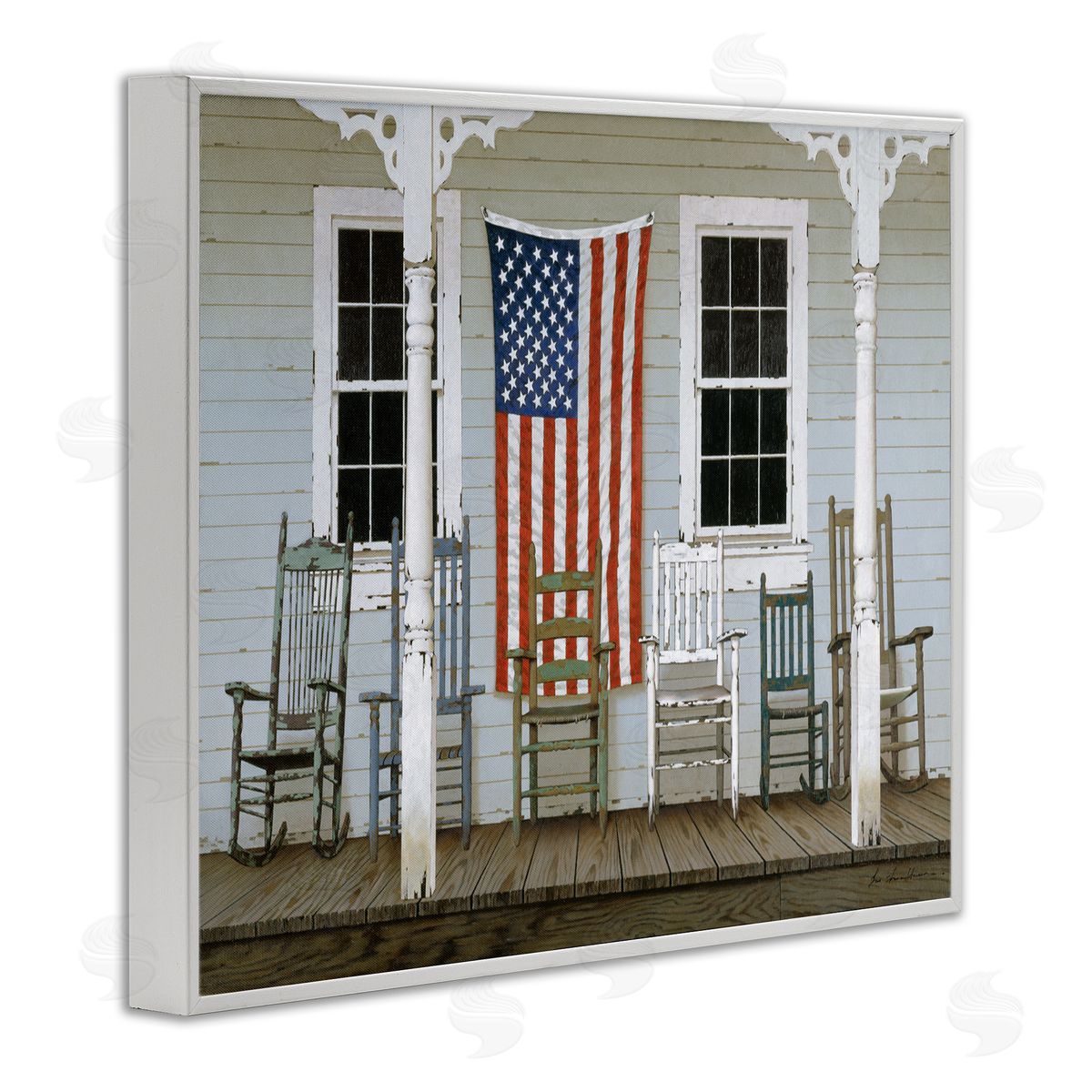 Rocking Chair on Americana Porch White Frame Print Wall Art, Home Decor by Zhen-Huan Lu