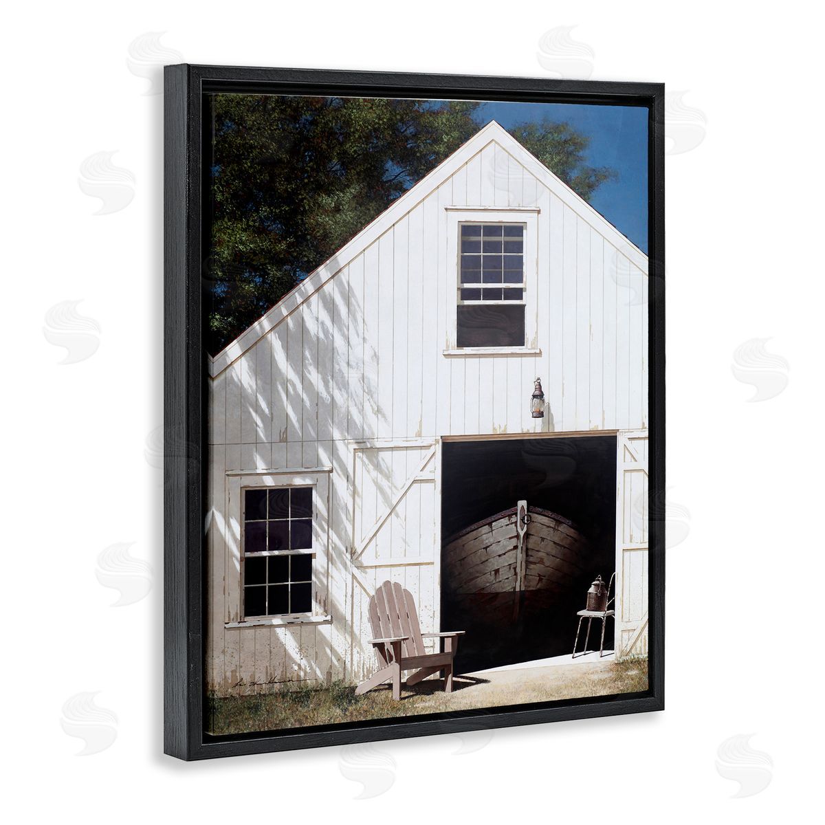Boat Behind Barn Door Black Floating Frame Canvas Wall Art, Home Decor by Zhen-Huan Lu