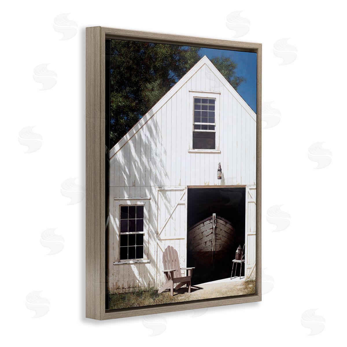 Boat Behind Barn Door Brown Floating Frame Canvas Wall Art, Home Decor by Zhen-Huan Lu
