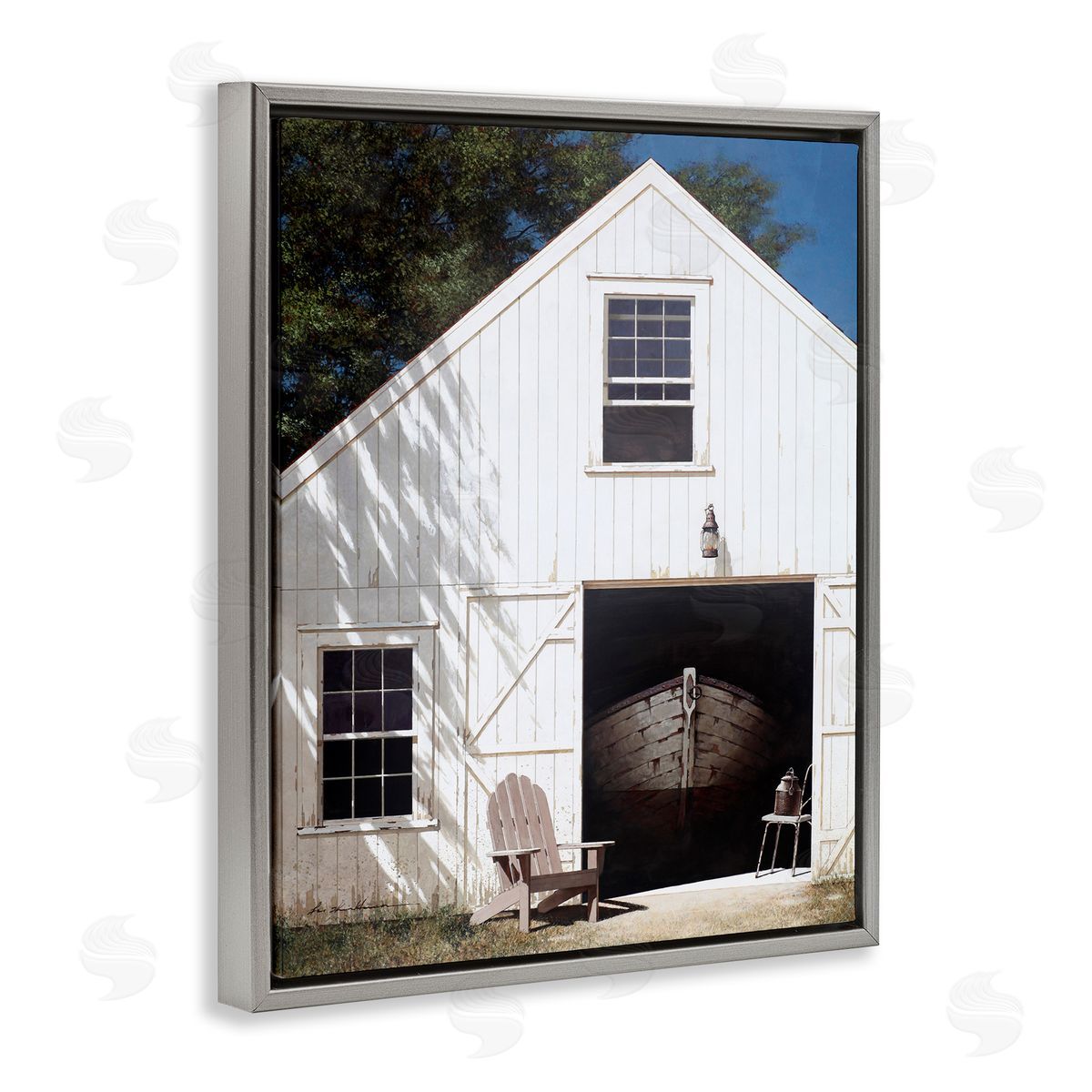 Boat Behind Barn Door Grey Floating Frame Canvas Wall Art, Home Decor by Zhen-Huan Lu
