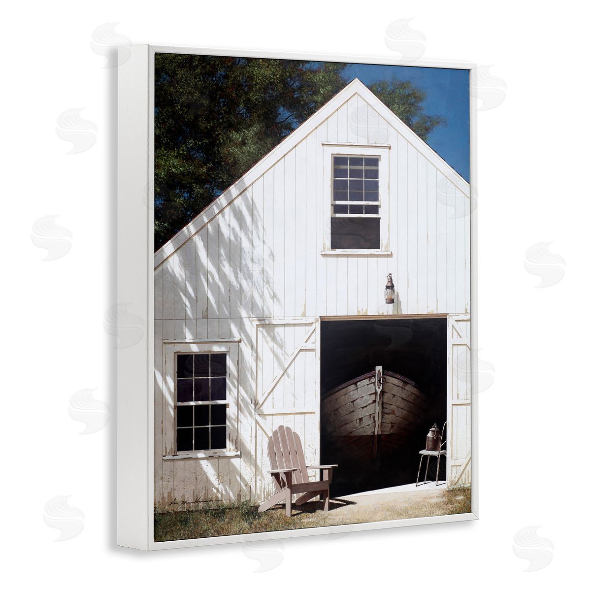 Boat Behind Barn Door White Frame Print Wall Art, Home Decor by Zhen-Huan Lu
