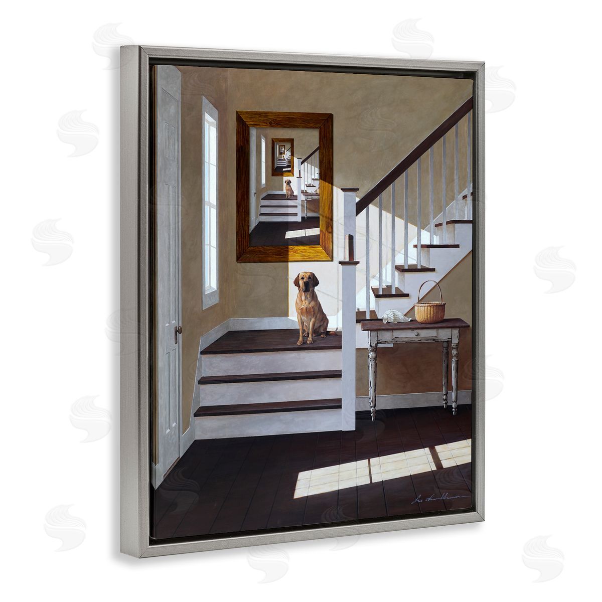 Dog on Country Staircase Grey Floating Frame Canvas Wall Art, Home Decor by Zhen-Huan Lu
